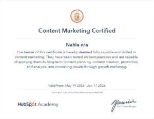 certificate for content marketing by freelance digital marketer in Qatar
